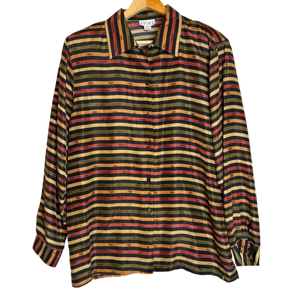 Vintage Stunt 100% Silk Blouse Women’s Large Striped 70s 80s Retro Flowy Hippie